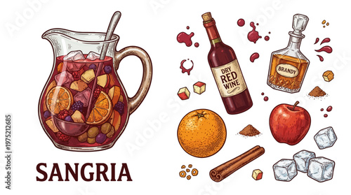 Hand-drawn vector illustration of red wine sangria pitcher with ingredients like orange, apple, cinnamon, brandy, and ice cubes on a white background.