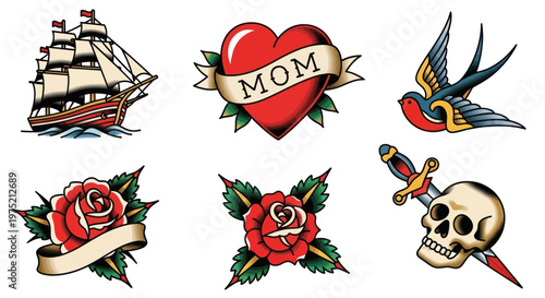 Traditional Tattoo Designs: Ship, Heart, Swallow, Roses, Skull and Dagger