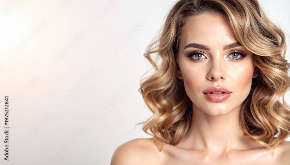 Naklejka premium a closeup portrait of beautiful woman with great eyes and curly hairs with empty space for text 
