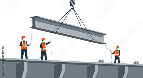 Construction Workers Lifting and Positioning Steel I-Beam Vector Illustration - Industrial Teamwork, Building Infrastructure, and Engineering Concept
