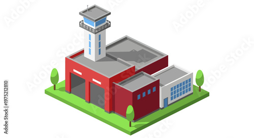 Isometric Fire Station Building with Watchtower and Garages.