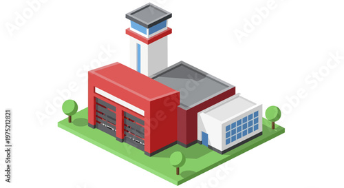 Isometric Fire Station Building with Watchtower and Green Grass.