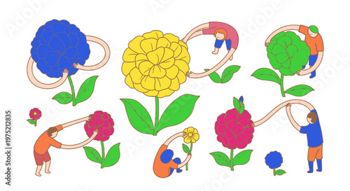 Whimsical illustration of diverse people interacting with and nurturing oversized, colorful flowers, representing gardening, nature care, and community growth.
