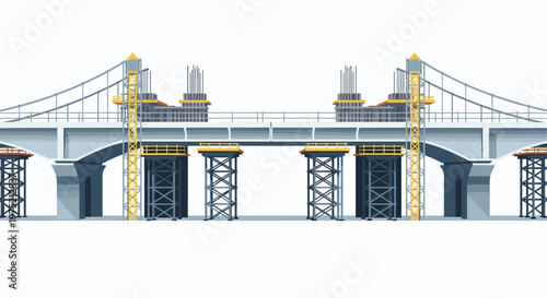 Modern Bridge Construction Site Illustration with Scaffolding and Cranes, Civil Engineering and Infrastructure Development Vector Isolated on White