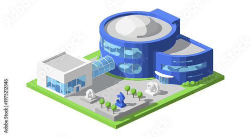 Isometric illustration of a modern aquarium building with surrounding landscape.