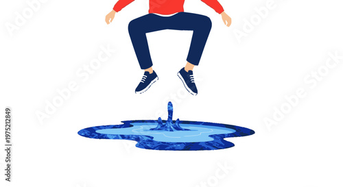 Dynamic illustration of a person's legs jumping over a vibrant blue water puddle, creating an energetic splash. Concept of overcoming challenges and avoiding obstacles.