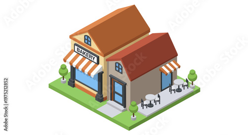 Isometric illustration of a charming bakery and cafe building with outdoor seating.
