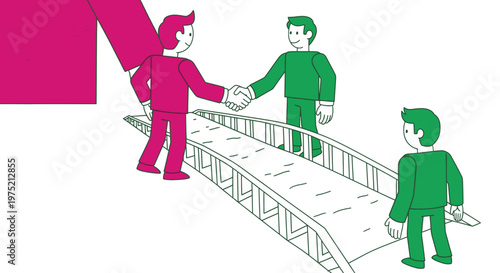 Stylized illustration of a business handshake on a bridge, symbolizing successful partnership, agreement, collaboration, and bridging gaps between teams or companies.