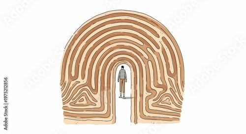 A solitary figure stands at the threshold of a large, organic structure resembling a fingerprint or maze, representing identity, self-discovery, and life's intricate path.