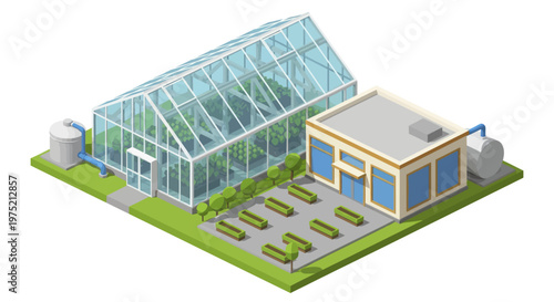 Isometric illustration of a modern greenhouse and adjacent building with solar panels.