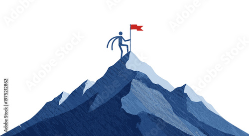 Stylized figure planting a red flag on a snowy mountain peak, symbolizing achievement, success, and reaching goals.