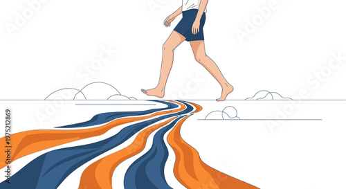 Person walking barefoot on a vibrant, flowing path of blue and orange, symbolizing a journey, decision-making, or life's winding road.