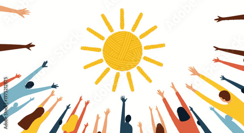 Diverse group of people reaching up towards a bright, stylized sun illustration symbolizing hope, positivity, and community