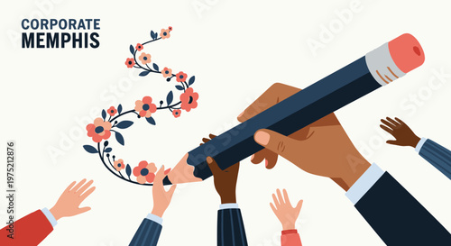 Diverse hands collaborate to draw a floral design with a large pencil, symbolizing creativity and teamwork.