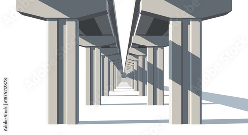 Minimalist 3D Rendering of Concrete Bridge Pillars and Pillars in Perspective on White Background