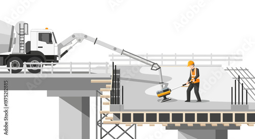 Bridge Construction Site Vector Illustration with Concrete Mixer Truck and Worker Leveling Surface