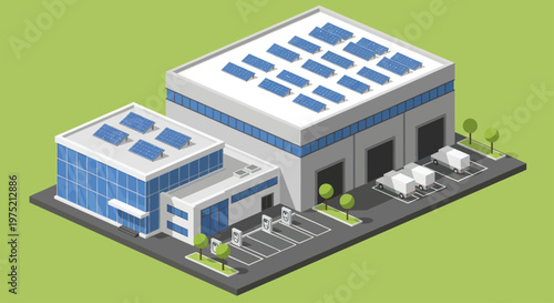 Isometric Industrial Building with Solar Panels and Electric Vehicle Charging Stations.