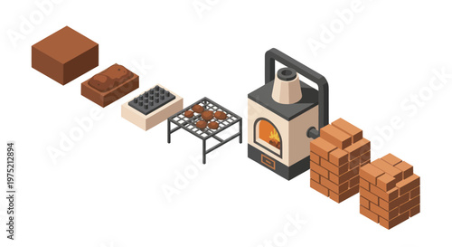 Isometric illustration of the brick making process from raw material to finished product.
