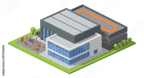 Isometric view of a modern industrial building complex with offices and factory.