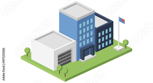 Isometric view of a modern office building complex with a flag.
