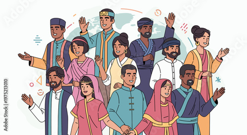 A diverse group of people from various cultures and ethnicities standing together, waving and smiling, representing global unity and diversity.