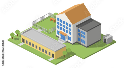 Isometric view of a modern school building complex with playground.