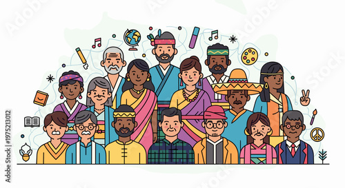 A diverse group of people from various cultures and backgrounds standing together, representing global unity and diversity.