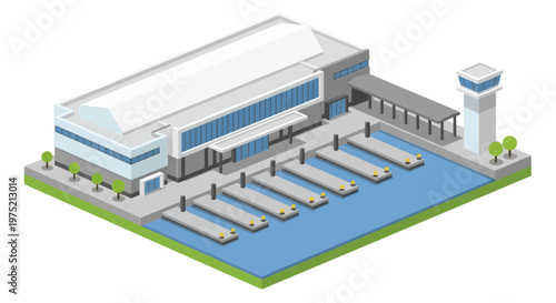 Isometric View of a Modern Port Terminal with Cargo Ships and Control Tower.