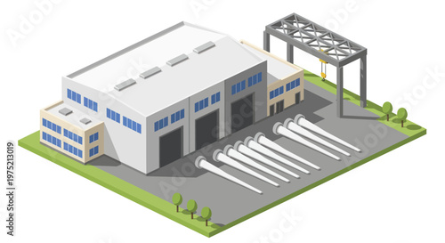 Isometric view of a modern industrial factory building with wind turbine blades outside.