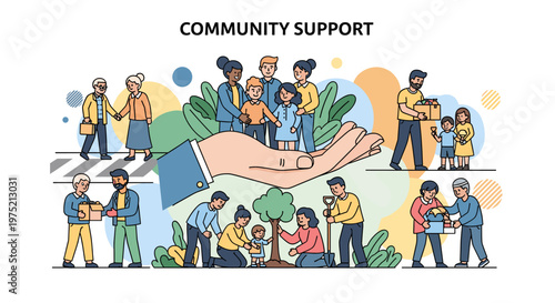 Illustration of diverse people helping each other and planting trees, symbolizing community support and togetherness.