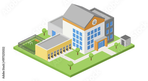 Isometric View of a Modern School Building with Playground and Green Areas.