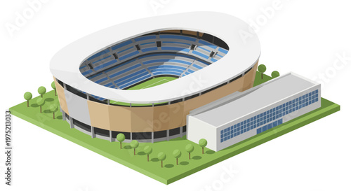 Isometric View of a Modern Sports Stadium and Adjacent Building.