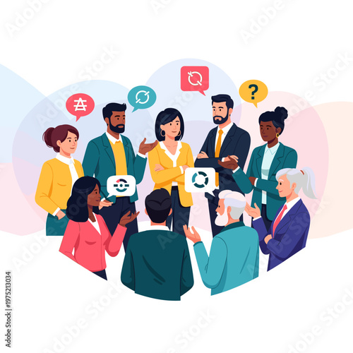 Diverse group of professionals engaged in a collaborative discussion, brainstorming ideas with visual cues of communication and problem-solving.