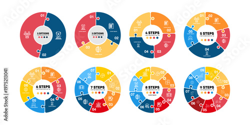 Vector circular puzzle infographic set. template for presentation business infographic, 2, 3, 4, 5, 6, 7, 8, 9 options steps parts. venn diagram sets. vector editable eps