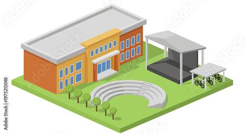 Isometric view of a school building with an outdoor amphitheater and stage.