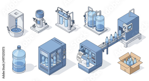 Isometric Water Bottling Plant and Dispenser Equipment Set.