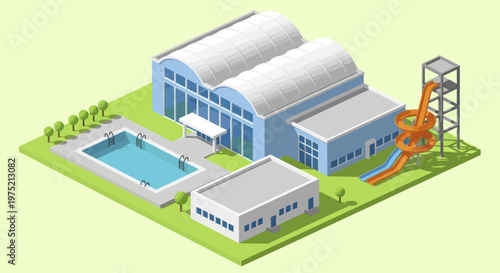 Isometric Water Park with Swimming Pool and Water Slides.