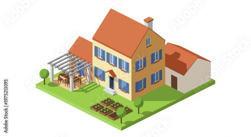 Isometric Yellow House with Garden and Pergola.