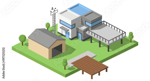 Modern Isometric House and Garage with Outdoor Deck.