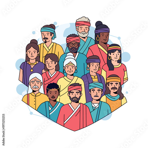 A diverse group of people from various ethnicities and backgrounds are depicted in a colorful illustration, showcasing unity and cultural diversity.
