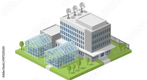 Fotografía Modern Research Facility with Greenhouses and Satellite Dishes.