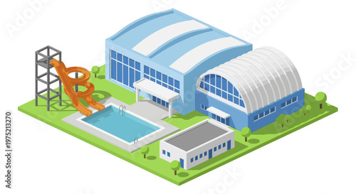 Modern Water Park Complex with Slides and Pools.