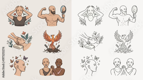 A collection of line art illustrations depicting themes of self-acceptance, strength, and transformation, including bald individuals, a phoenix, and nature elements.