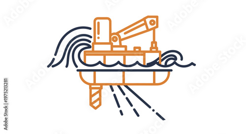 Offshore oil rig drilling platform in the ocean with waves and crane.