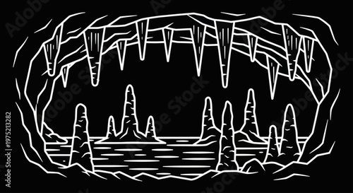 Mysterious Cave Interior with Stalactites and Stalagmites.