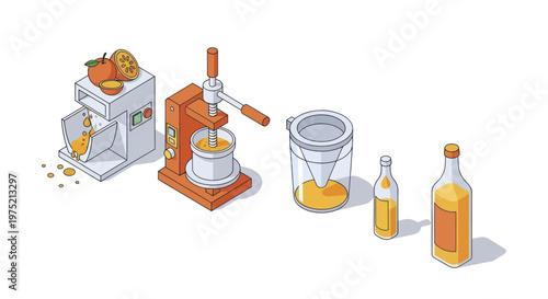 Orange Juice Making Process From Fresh Oranges To Bottled Drink.