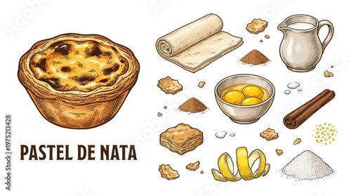 Traditional Portuguese Pastel de Nata Custard Tart with Baking Ingredients Vector Illustration Collection