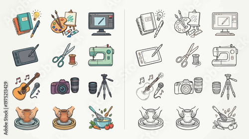 Collection of colorful and monochrome icons representing various creative hobbies and artistic pursuits, including painting, music, photography, and crafting.