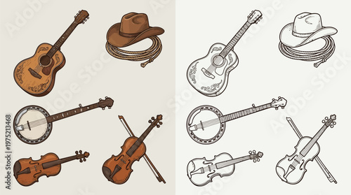 Collection of vintage musical instruments including guitars, banjos, violins, a cowboy hat, and a lasso, presented in both colored and line art styles.