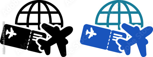 航空券で世界を旅する海外旅行アイコン（International Travel Ticket with Airplane and Globe Icon）
